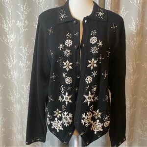 Vintage Black Beaded Snowflake Cardigan • Pearl & Gold Embroidery • M